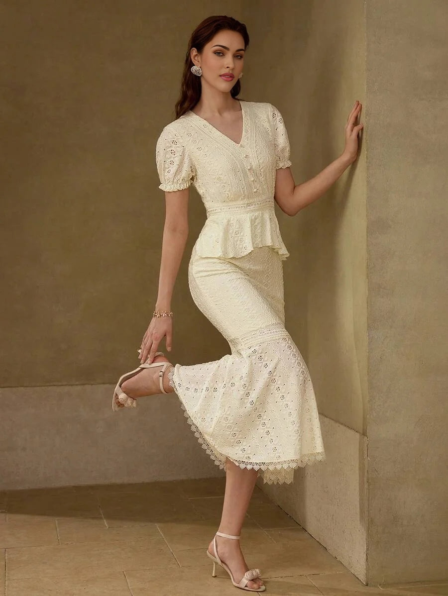 PREMIUM WOMEN WAIST CINCHING CONTRAST LACE RUFFLE TRIM VNECK ELEGANT MERMAID HEM DRESS