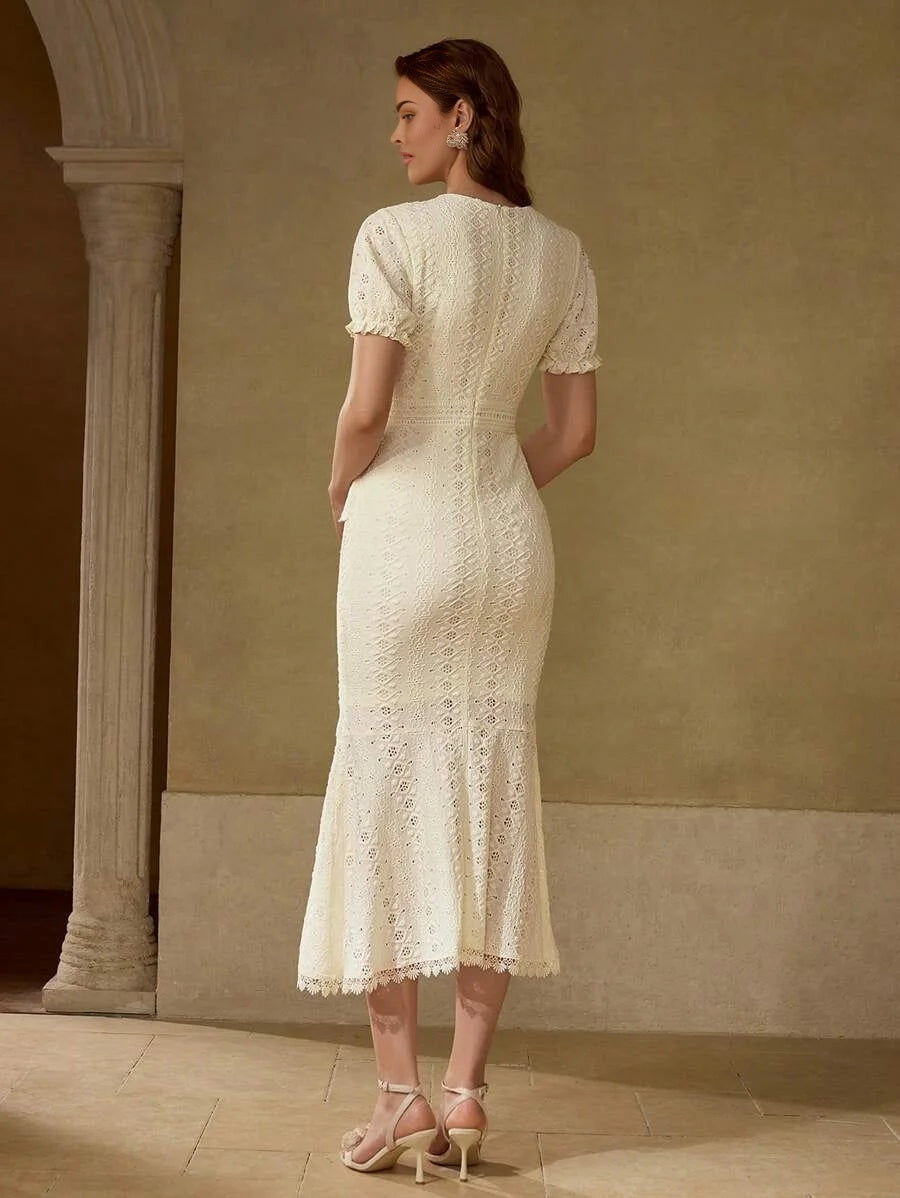 PREMIUM WOMEN WAIST CINCHING CONTRAST LACE RUFFLE TRIM VNECK ELEGANT MERMAID HEM DRESS