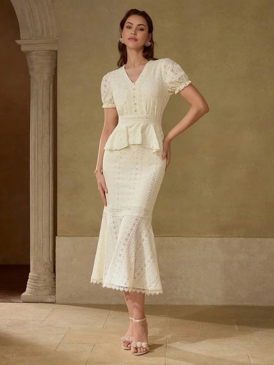 PREMIUM WOMEN WAIST CINCHING CONTRAST LACE RUFFLE TRIM VNECK ELEGANT MERMAID HEM DRESS