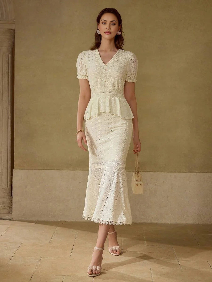 PREMIUM WOMEN WAIST CINCHING CONTRAST LACE RUFFLE TRIM VNECK ELEGANT MERMAID HEM DRESS