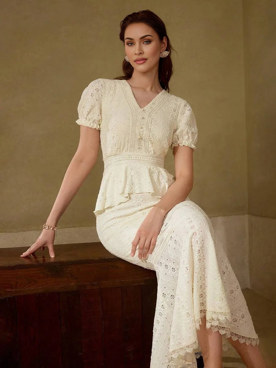 PREMIUM WOMEN WAIST CINCHING CONTRAST LACE RUFFLE TRIM VNECK ELEGANT MERMAID HEM DRESS