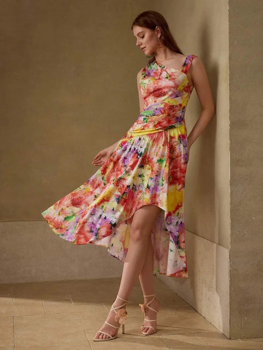 PREMIUM WOMENS ASYMMETRICAL HEM FLORAL PRINTED MIDLENGTH DRESS