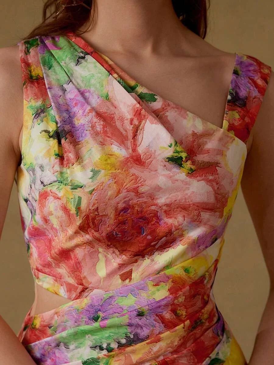 PREMIUM WOMENS ASYMMETRICAL HEM FLORAL PRINTED MIDLENGTH DRESS