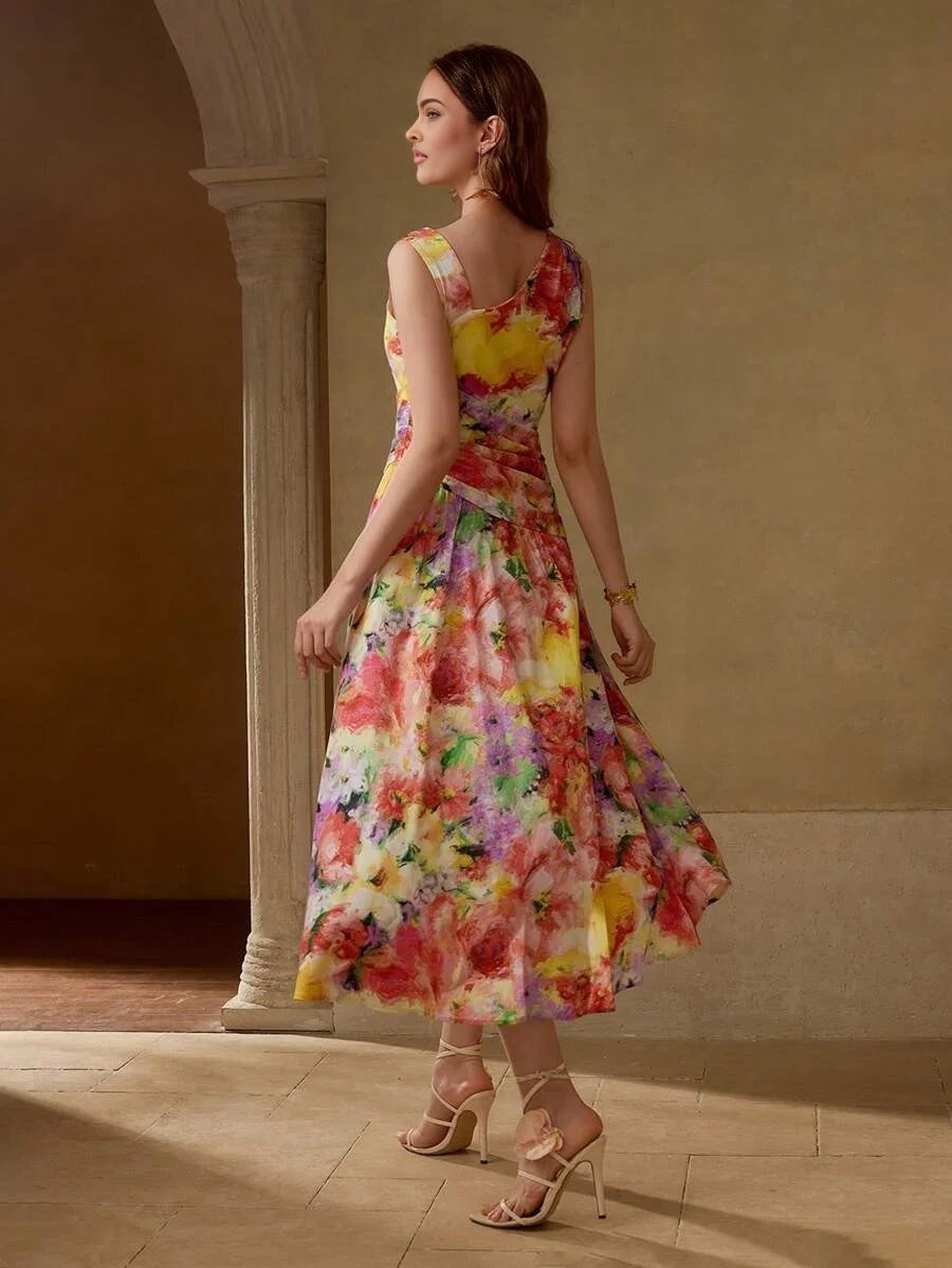 PREMIUM WOMENS ASYMMETRICAL HEM FLORAL PRINTED MIDLENGTH DRESS