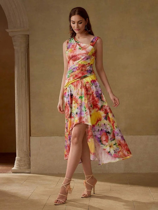 PREMIUM WOMENS ASYMMETRICAL HEM FLORAL PRINTED MIDLENGTH DRESS