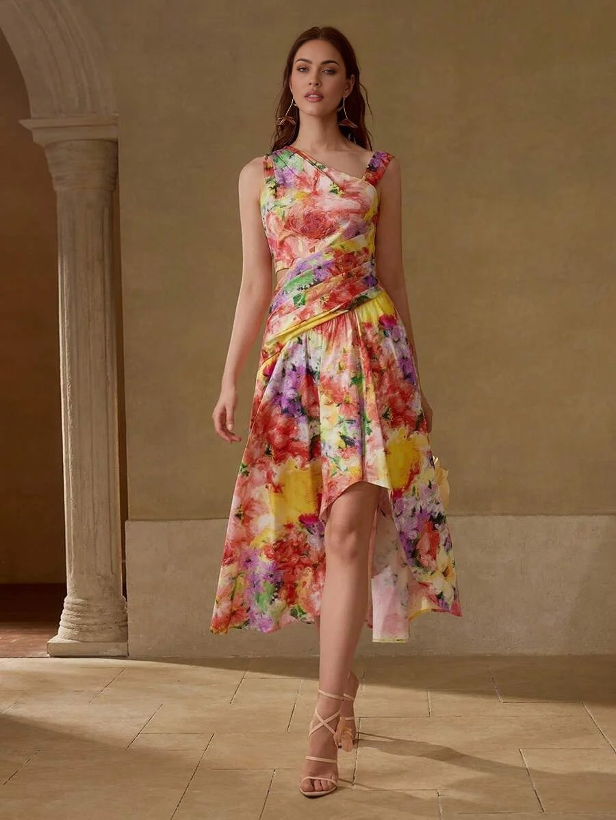 PREMIUM WOMENS ASYMMETRICAL HEM FLORAL PRINTED MIDLENGTH DRESS