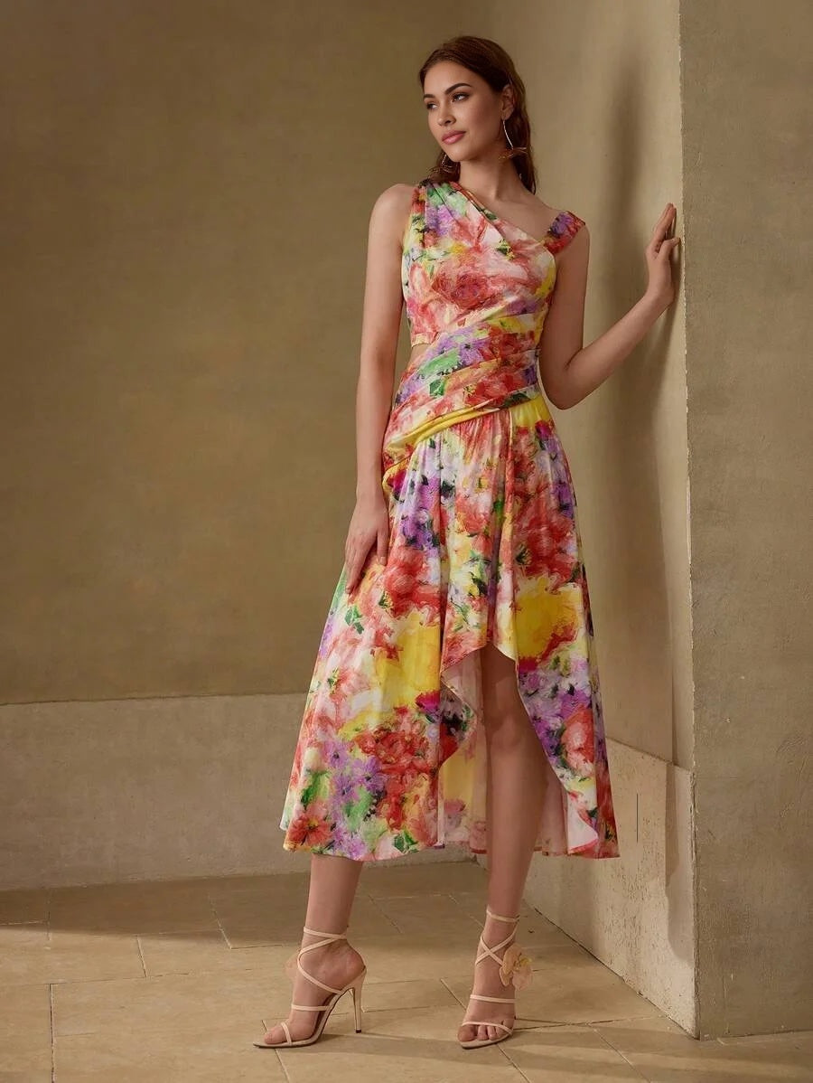 PREMIUM WOMENS ASYMMETRICAL HEM FLORAL PRINTED MIDLENGTH DRESS