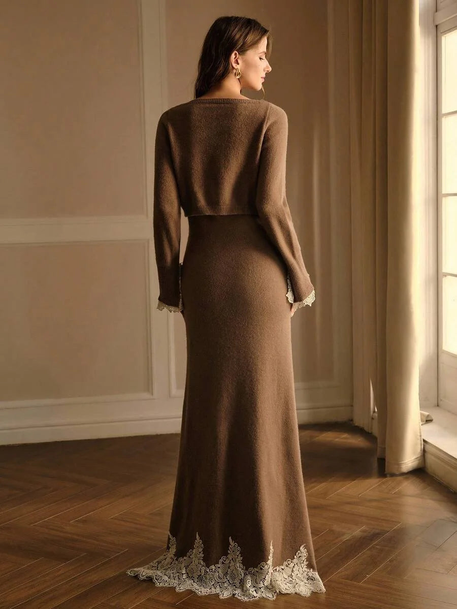 PREMIUM WOMENS AUTUMN SLEEVELESS SWEATER DRESS WITH EMBROIDERED CARDIGAN TWO PIECES SET