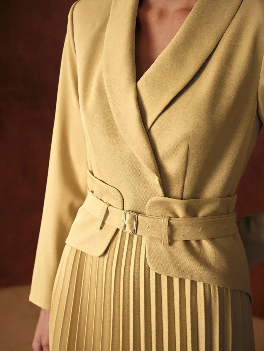 PREMIUM WOMENS AUTUMNWINTER SHAWL COLLAR BELTED PLEATED MIDLENGTH DRESS