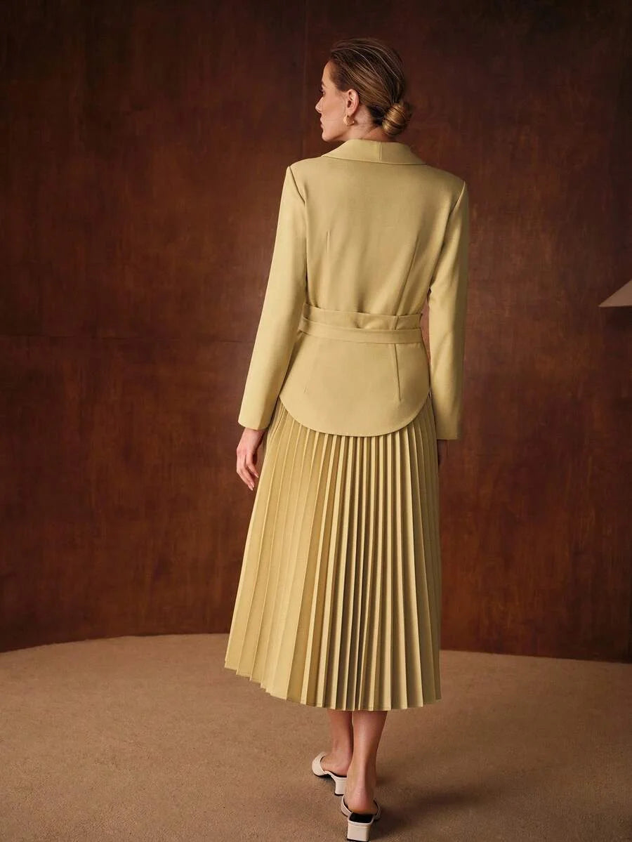 PREMIUM WOMENS AUTUMNWINTER SHAWL COLLAR BELTED PLEATED MIDLENGTH DRESS