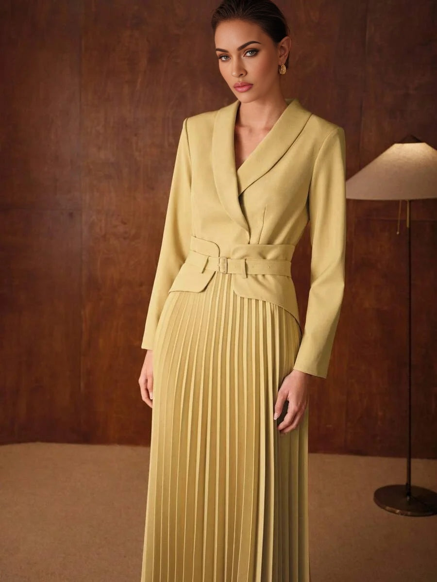 PREMIUM WOMENS AUTUMNWINTER SHAWL COLLAR BELTED PLEATED MIDLENGTH DRESS