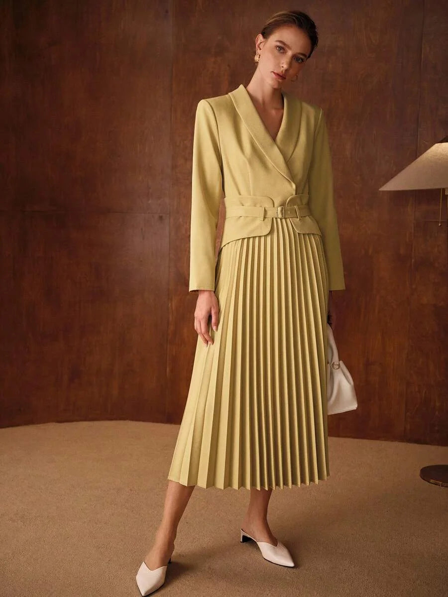 PREMIUM WOMENS AUTUMNWINTER SHAWL COLLAR BELTED PLEATED MIDLENGTH DRESS