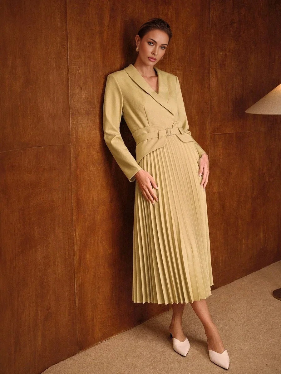 PREMIUM WOMENS AUTUMNWINTER SHAWL COLLAR BELTED PLEATED MIDLENGTH DRESS