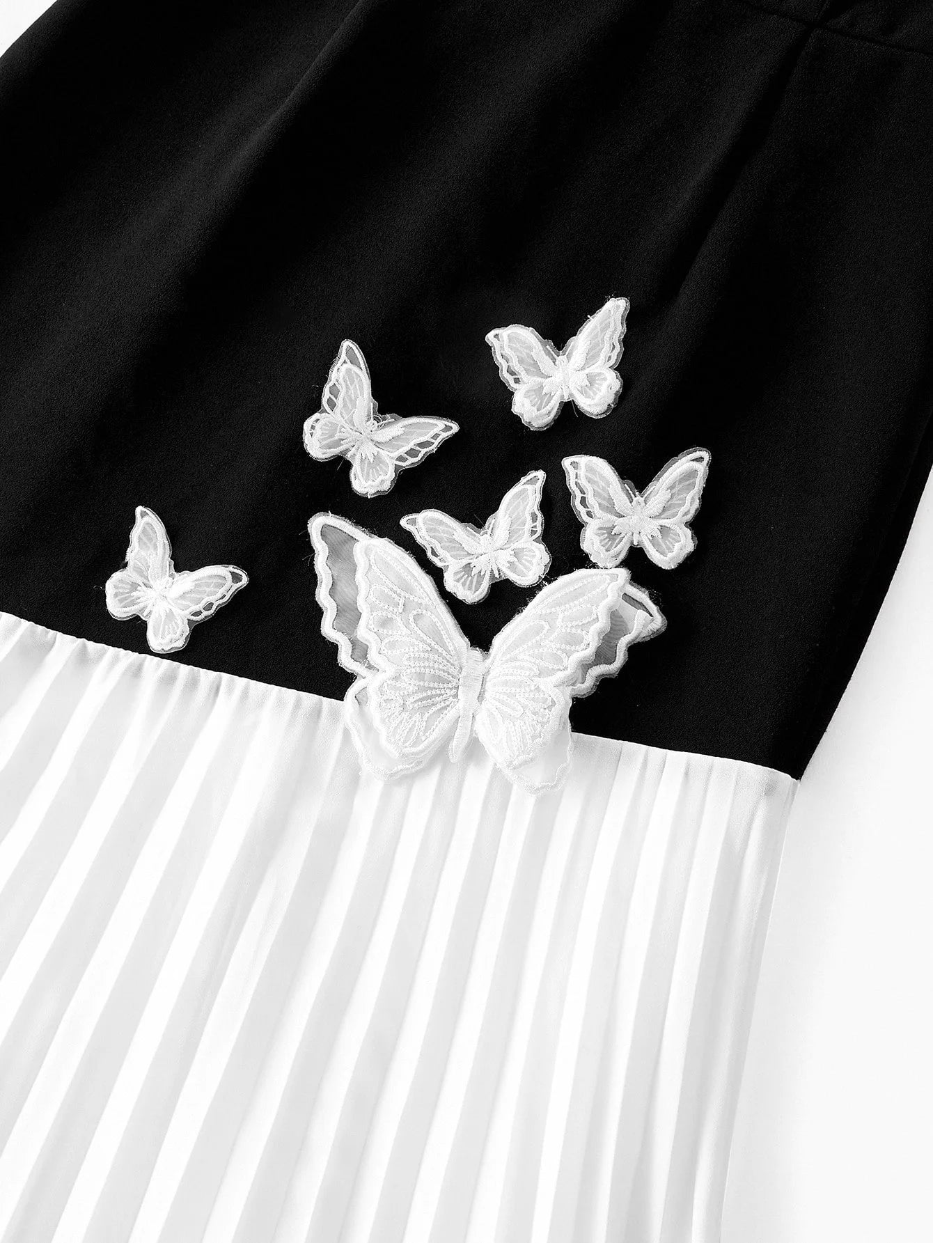 PREMIUM WOMENS BUTTERFLY 3D APPLIQUES PATCHWORK CONTRAST PLEATED MIDLENGTH DRESS WITHOUT BELT