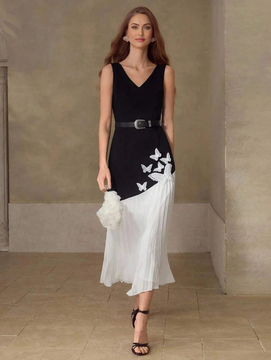 PREMIUM WOMENS BUTTERFLY 3D APPLIQUES PATCHWORK CONTRAST PLEATED MIDLENGTH DRESS WITHOUT BELT