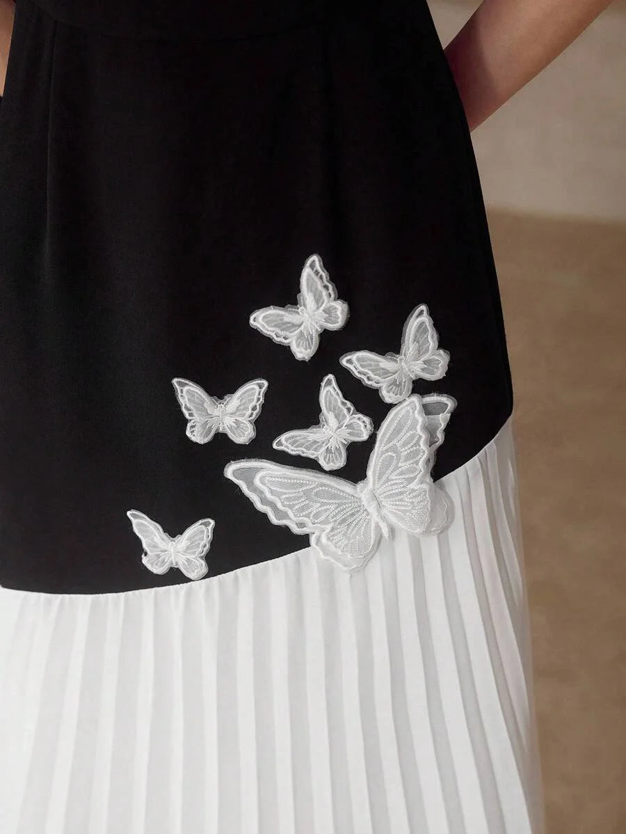 PREMIUM WOMENS BUTTERFLY 3D APPLIQUES PATCHWORK CONTRAST PLEATED MIDLENGTH DRESS WITHOUT BELT