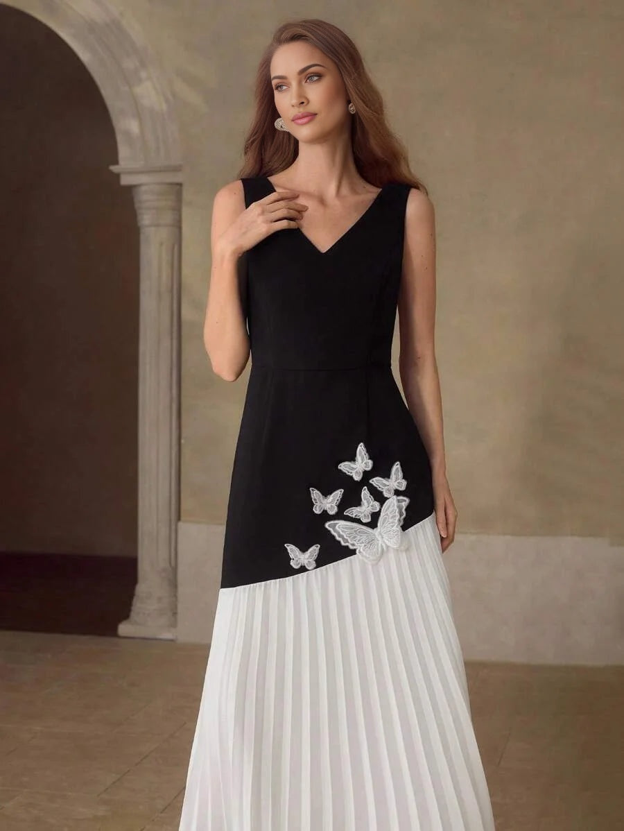 PREMIUM WOMENS BUTTERFLY 3D APPLIQUES PATCHWORK CONTRAST PLEATED MIDLENGTH DRESS WITHOUT BELT