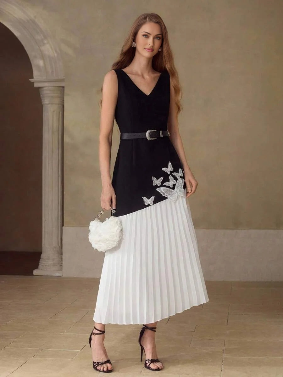 PREMIUM WOMENS BUTTERFLY 3D APPLIQUES PATCHWORK CONTRAST PLEATED MIDLENGTH DRESS WITHOUT BELT