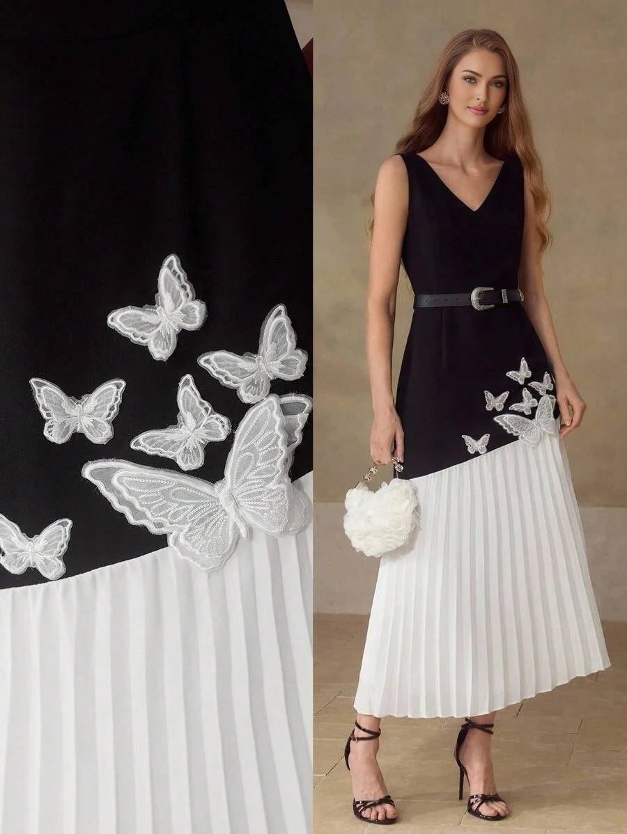 PREMIUM WOMENS BUTTERFLY 3D APPLIQUES PATCHWORK CONTRAST PLEATED MIDLENGTH DRESS WITHOUT BELT