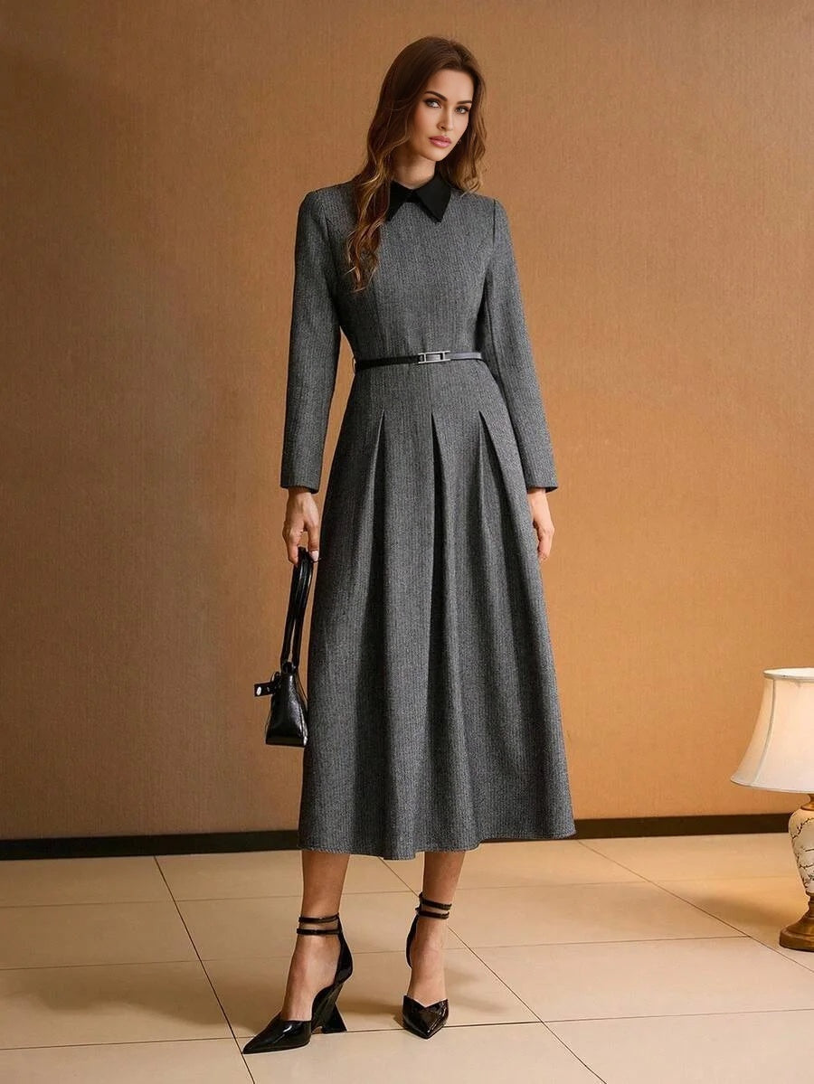 PREMIUM WOMENS CONTRAST COLLAR FOLD PLEATED DRESS