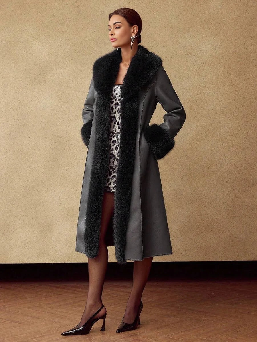 PREMIUM WOMENS CONTRAST FAUX FUR COAT AUTUMNWINTER