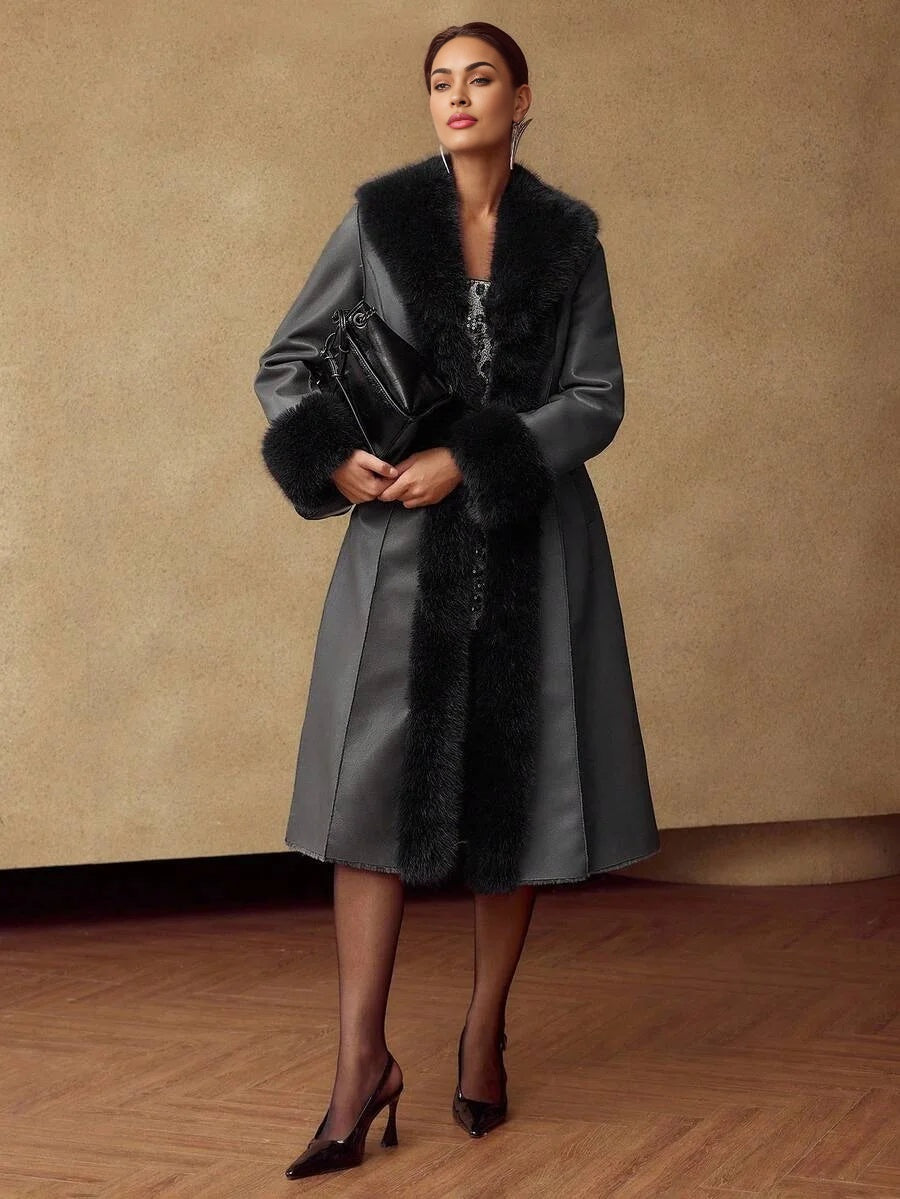 PREMIUM WOMENS CONTRAST FAUX FUR COAT AUTUMNWINTER