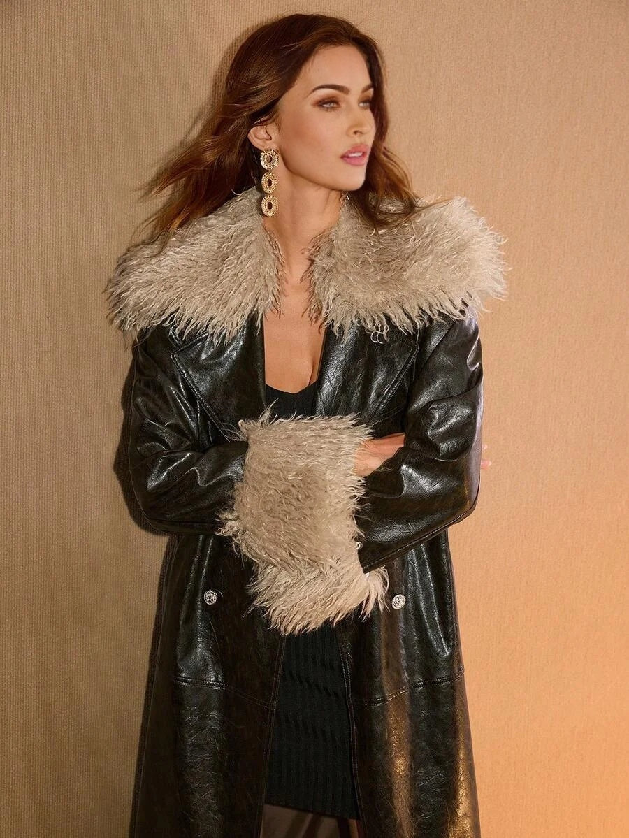 PREMIUM WOMENS DOUBLE BREASTED CONTRAST FURRY COLLAR AUTUMNWINTER