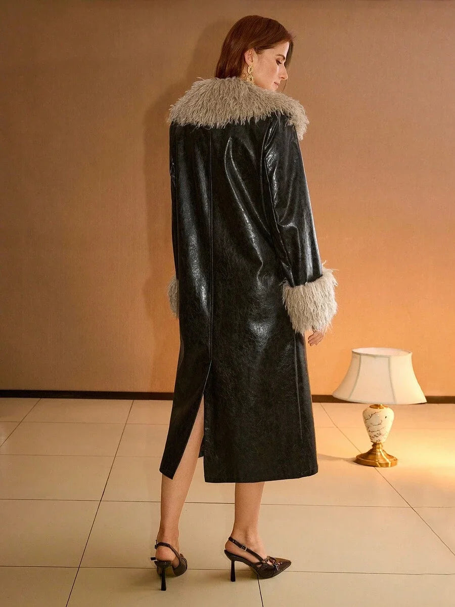 PREMIUM WOMENS DOUBLE BREASTED CONTRAST FURRY COLLAR AUTUMNWINTER