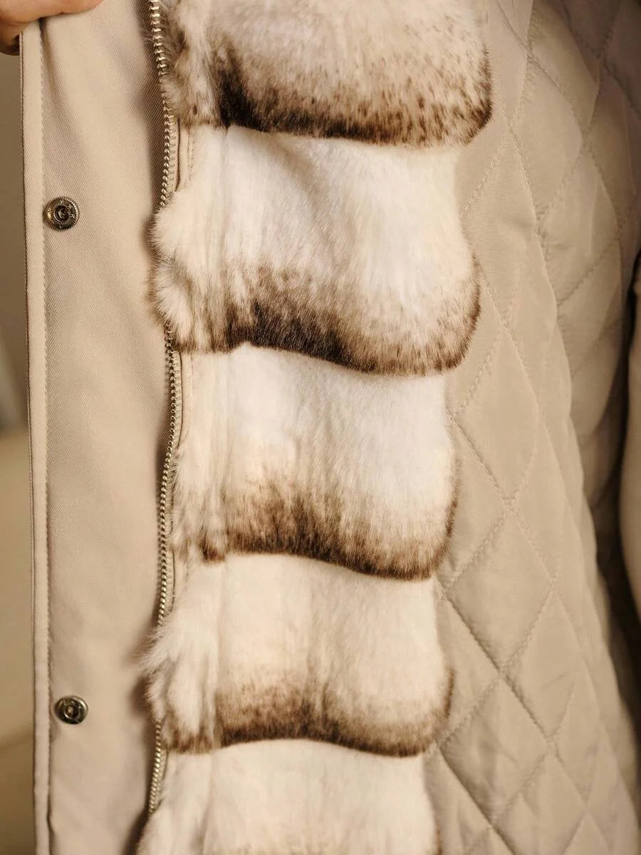 PREMIUM WOMENS DRAWSTRING WAIST HOODED COAT WITH FURRY COLLAR AUTUMNWINTER