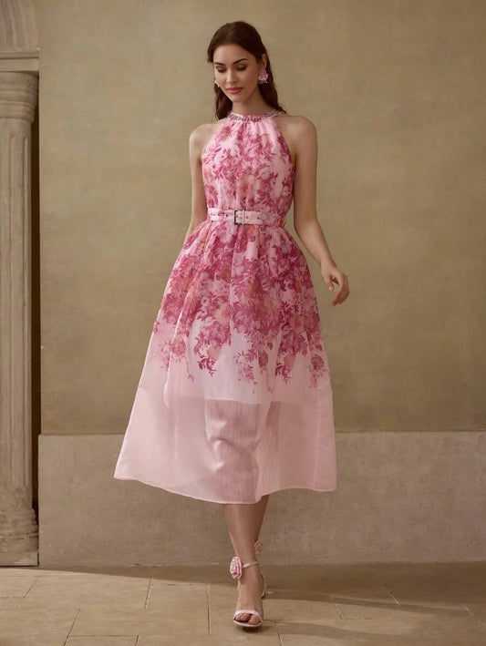 PREMIUM WOMENS ELEGANT HALTER FLORAL PRINT DRESS