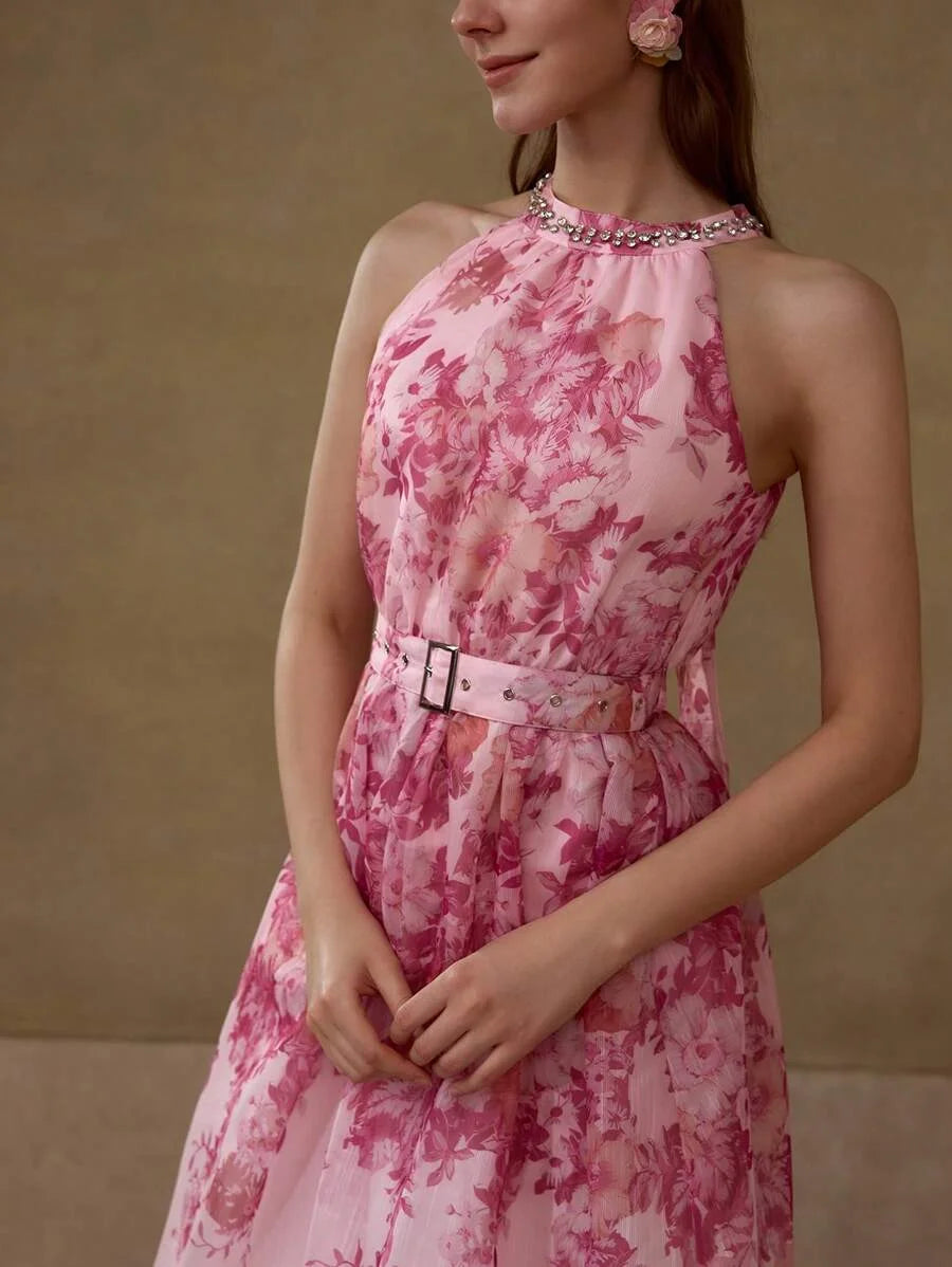 PREMIUM WOMENS ELEGANT HALTER FLORAL PRINT DRESS