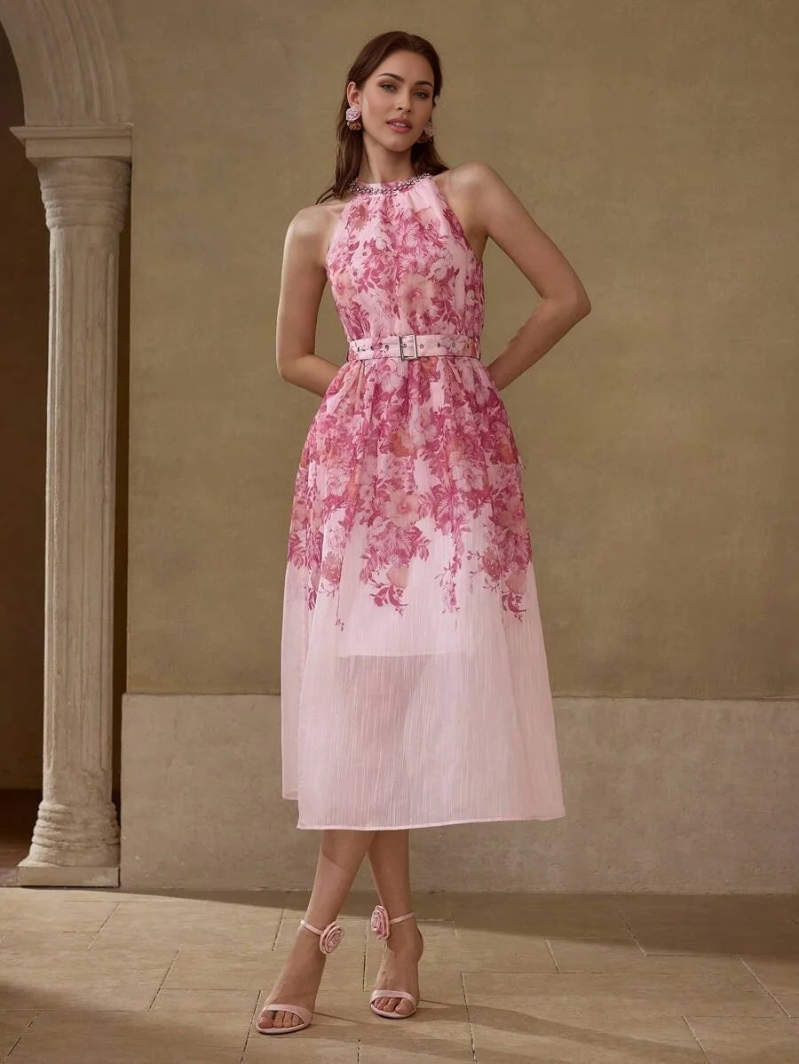 PREMIUM WOMENS ELEGANT HALTER FLORAL PRINT DRESS