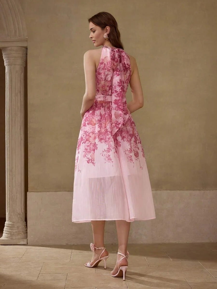 PREMIUM WOMENS ELEGANT HALTER FLORAL PRINT DRESS