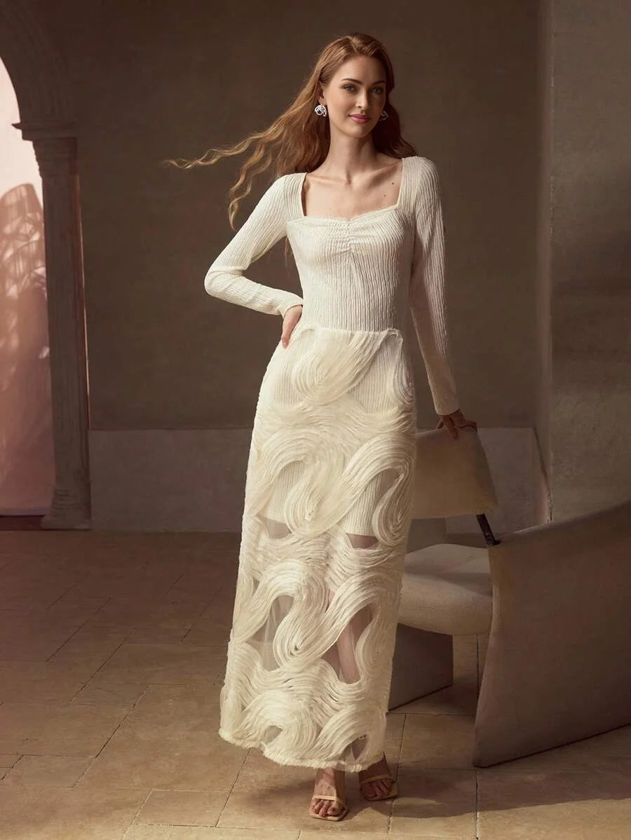 PREMIUM WOMENS ELEGANT ROMANTIC EMBROIDERED MESH PATCHWORK JACQUARD KNITTED LONG DRESS