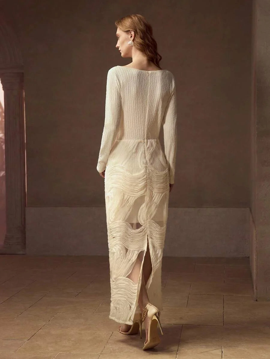 PREMIUM WOMENS ELEGANT ROMANTIC EMBROIDERED MESH PATCHWORK JACQUARD KNITTED LONG DRESS