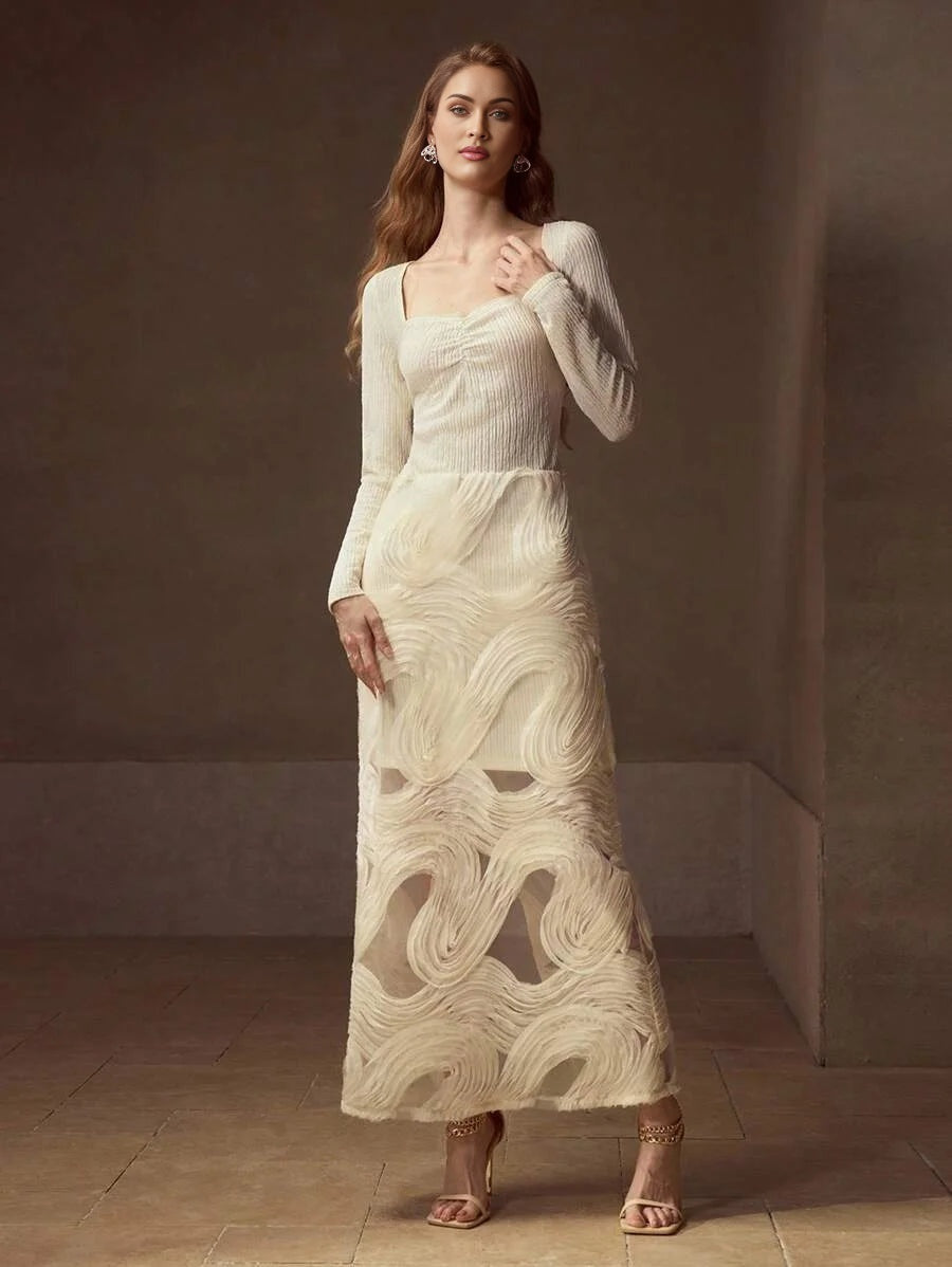 PREMIUM WOMENS ELEGANT ROMANTIC EMBROIDERED MESH PATCHWORK JACQUARD KNITTED LONG DRESS