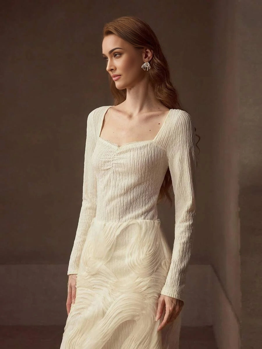 PREMIUM WOMENS ELEGANT ROMANTIC EMBROIDERED MESH PATCHWORK JACQUARD KNITTED LONG DRESS