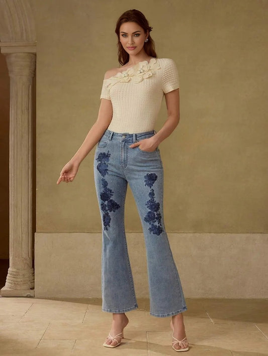 PREMIUM WOMENS EMBROIDERED amp RHINESTONE DECOR FLARED JEANS