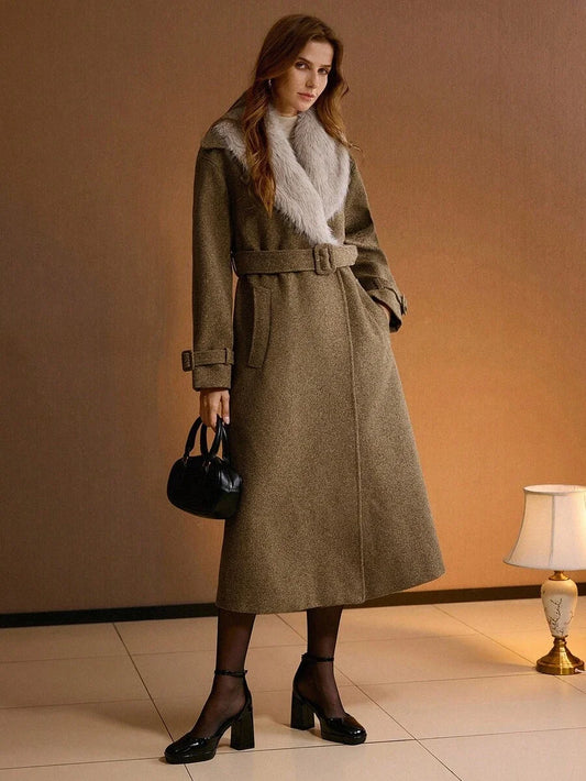 PREMIUM WOMENS FAUX FUR COLLAR LOOSE FIT WOOLEN OVERCOAT AUTUMNWINTER