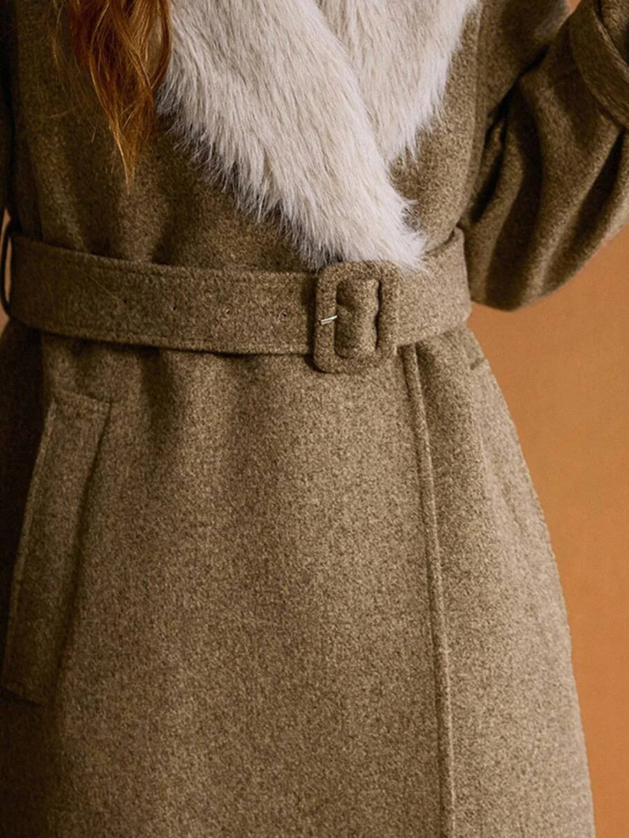 PREMIUM WOMENS FAUX FUR COLLAR LOOSE FIT WOOLEN OVERCOAT AUTUMNWINTER