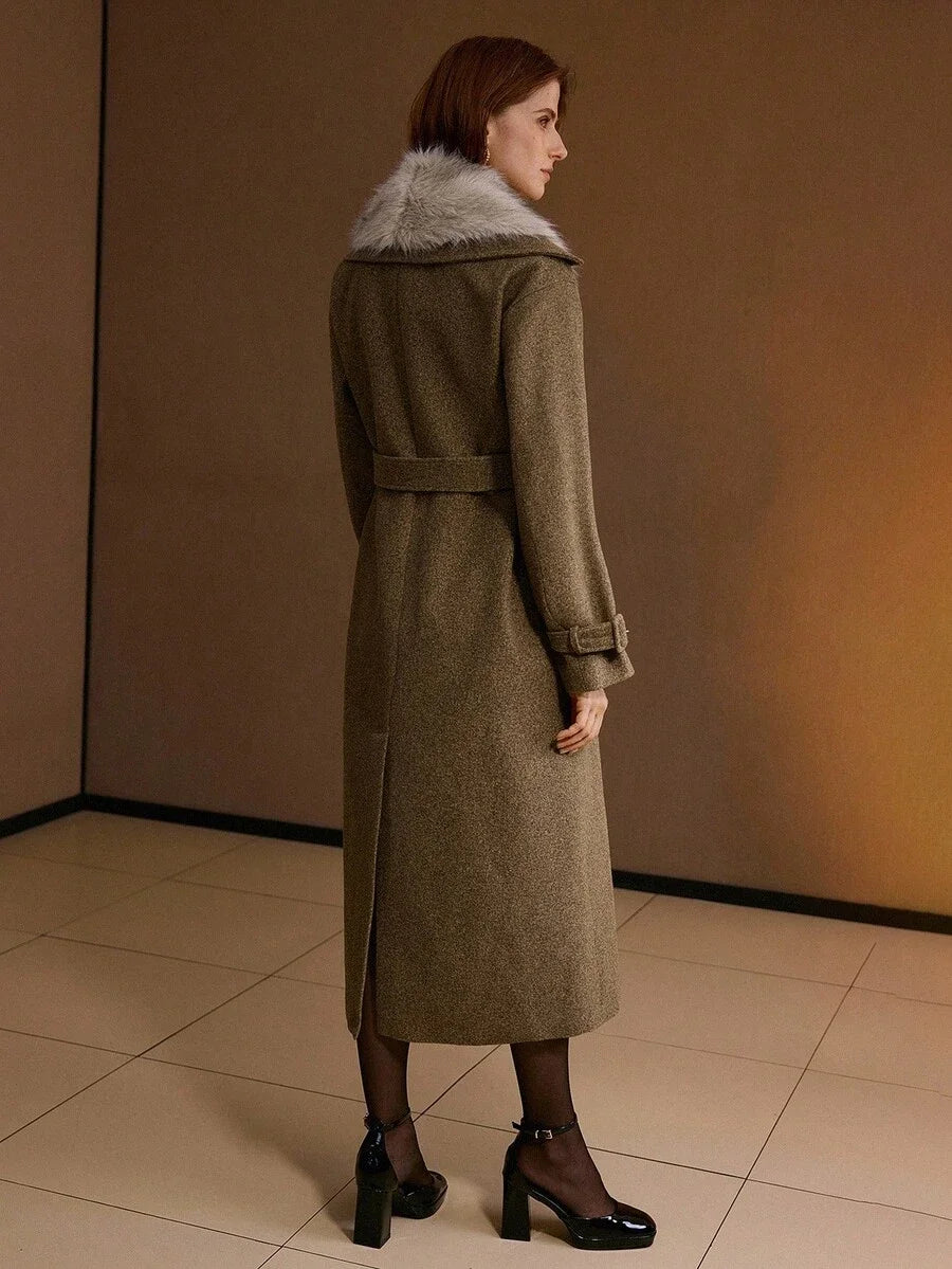 PREMIUM WOMENS FAUX FUR COLLAR LOOSE FIT WOOLEN OVERCOAT AUTUMNWINTER