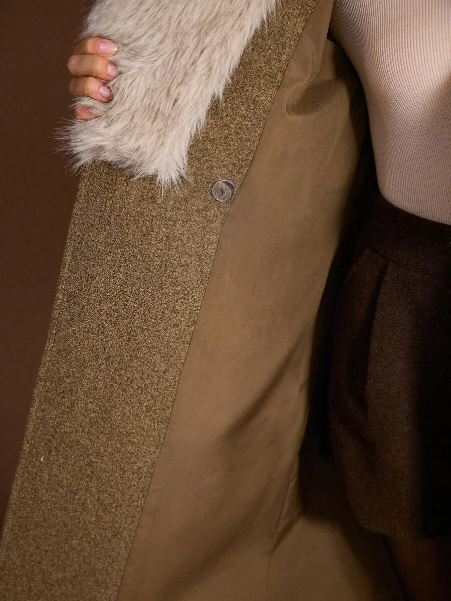 PREMIUM WOMENS FAUX FUR COLLAR LOOSE FIT WOOLEN OVERCOAT AUTUMNWINTER