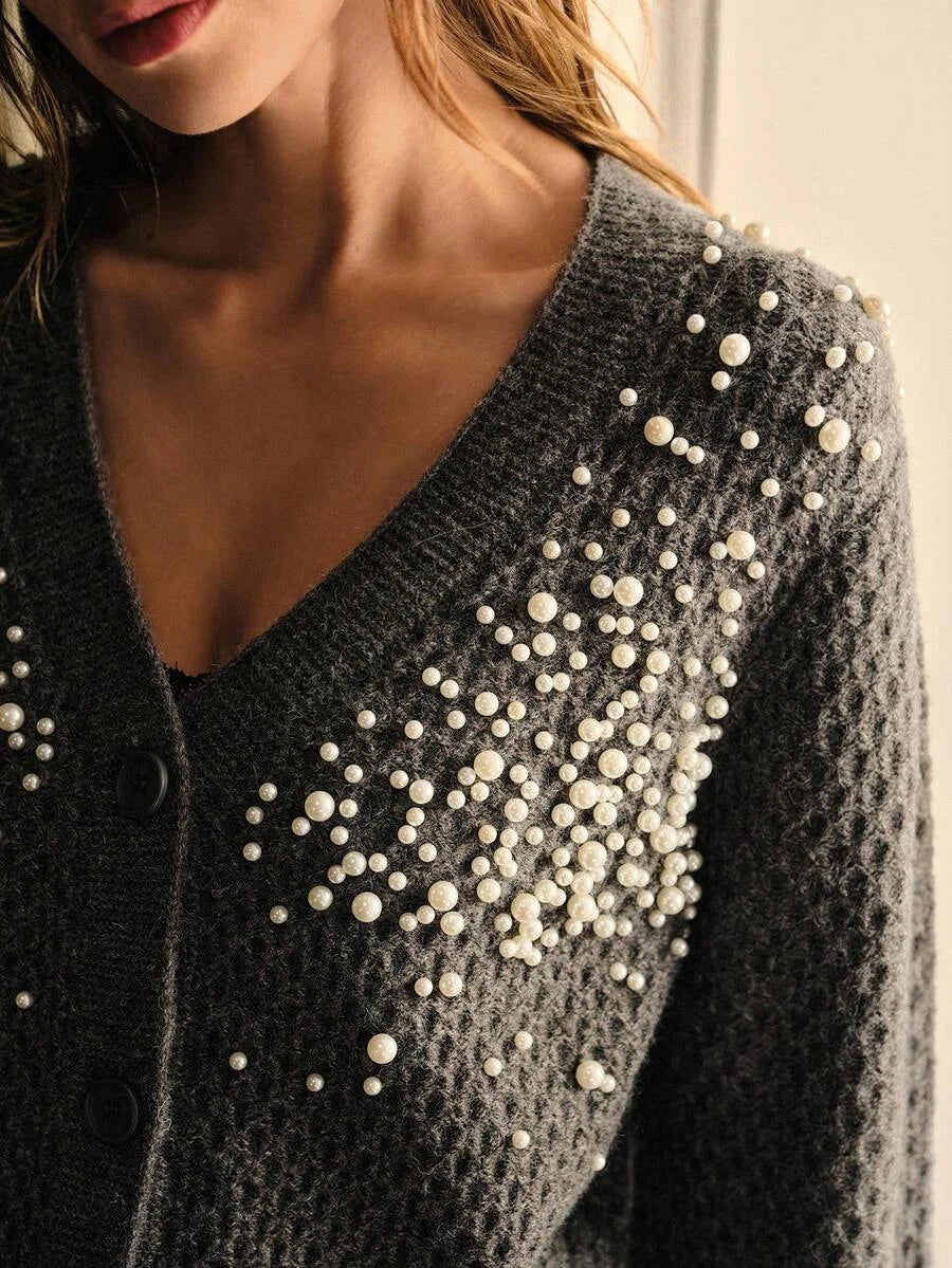PREMIUM WOMENS FAUX PEARLS EMBELLISHED KNITTED CARDIGAN AUTUMNWINTER