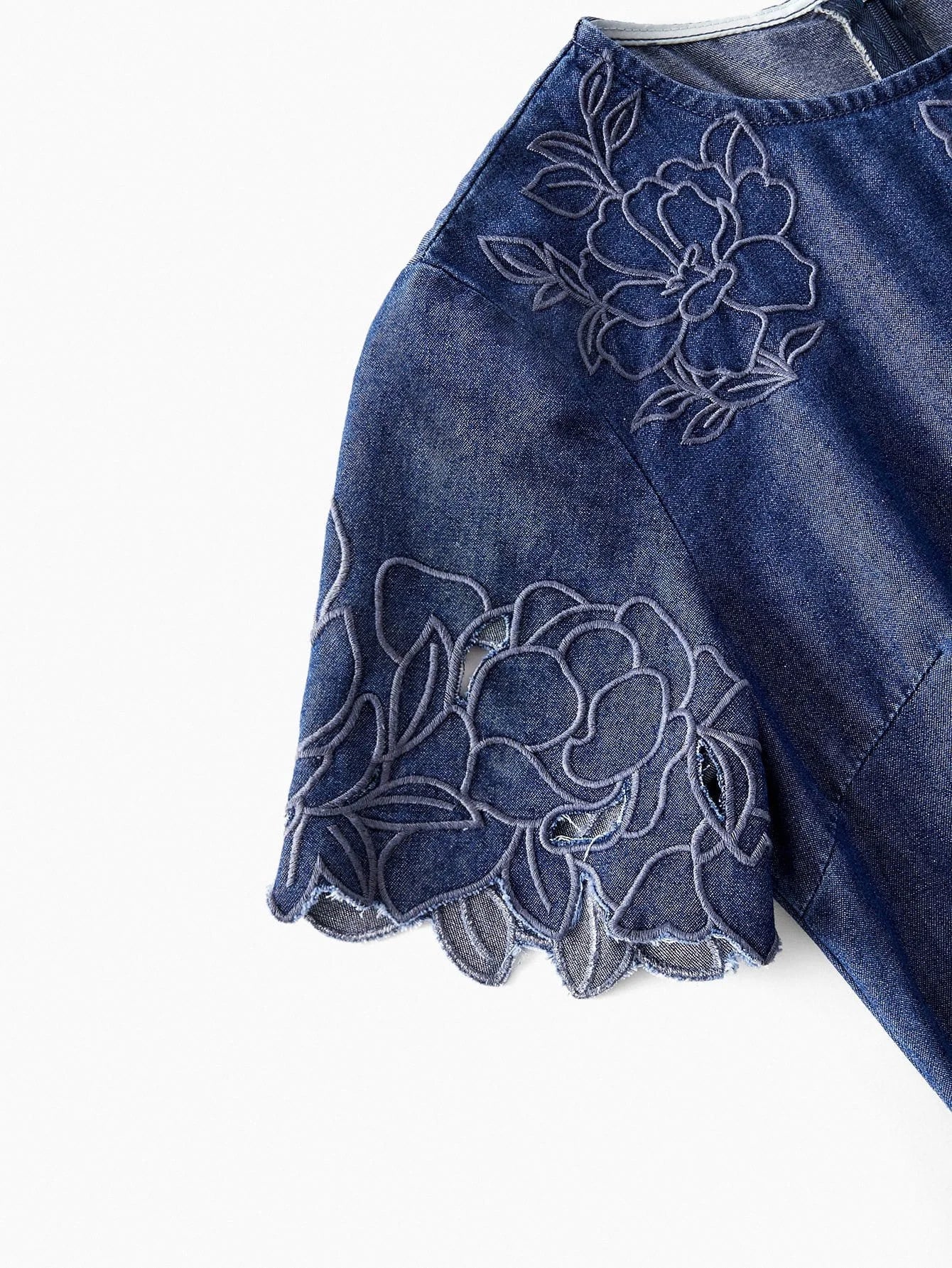 PREMIUM Womens Floral Embroidery Round Neck Short Sleeve Casual Denim Dress