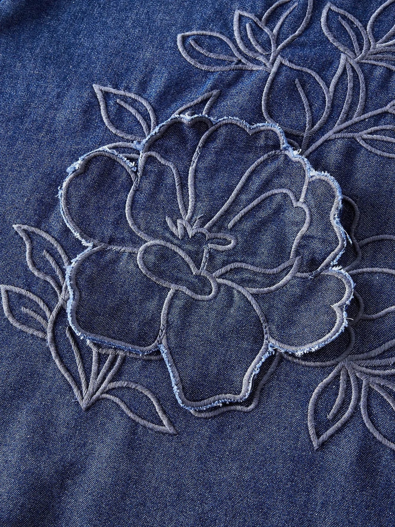 PREMIUM Womens Floral Embroidery Round Neck Short Sleeve Casual Denim Dress