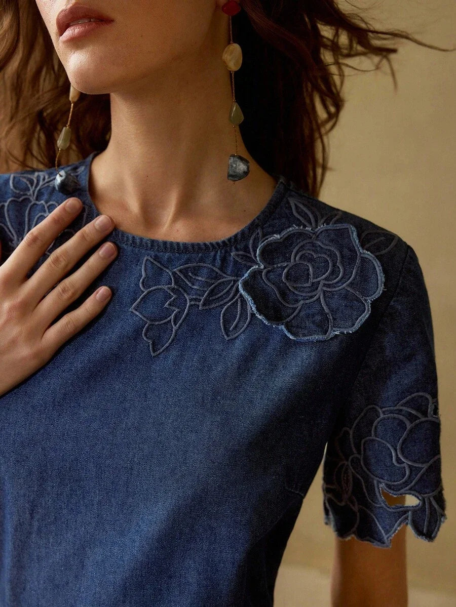 PREMIUM Womens Floral Embroidery Round Neck Short Sleeve Casual Denim Dress