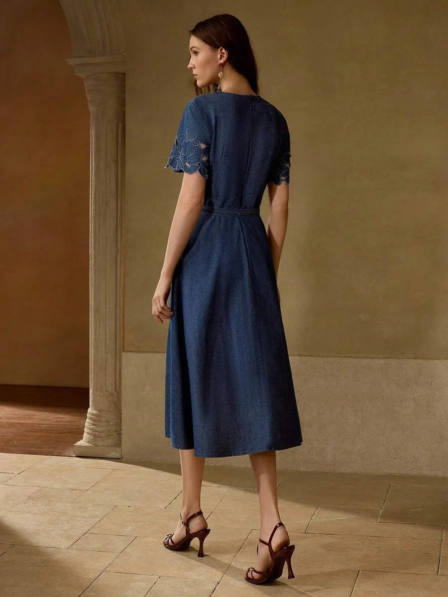 PREMIUM Womens Floral Embroidery Round Neck Short Sleeve Casual Denim Dress