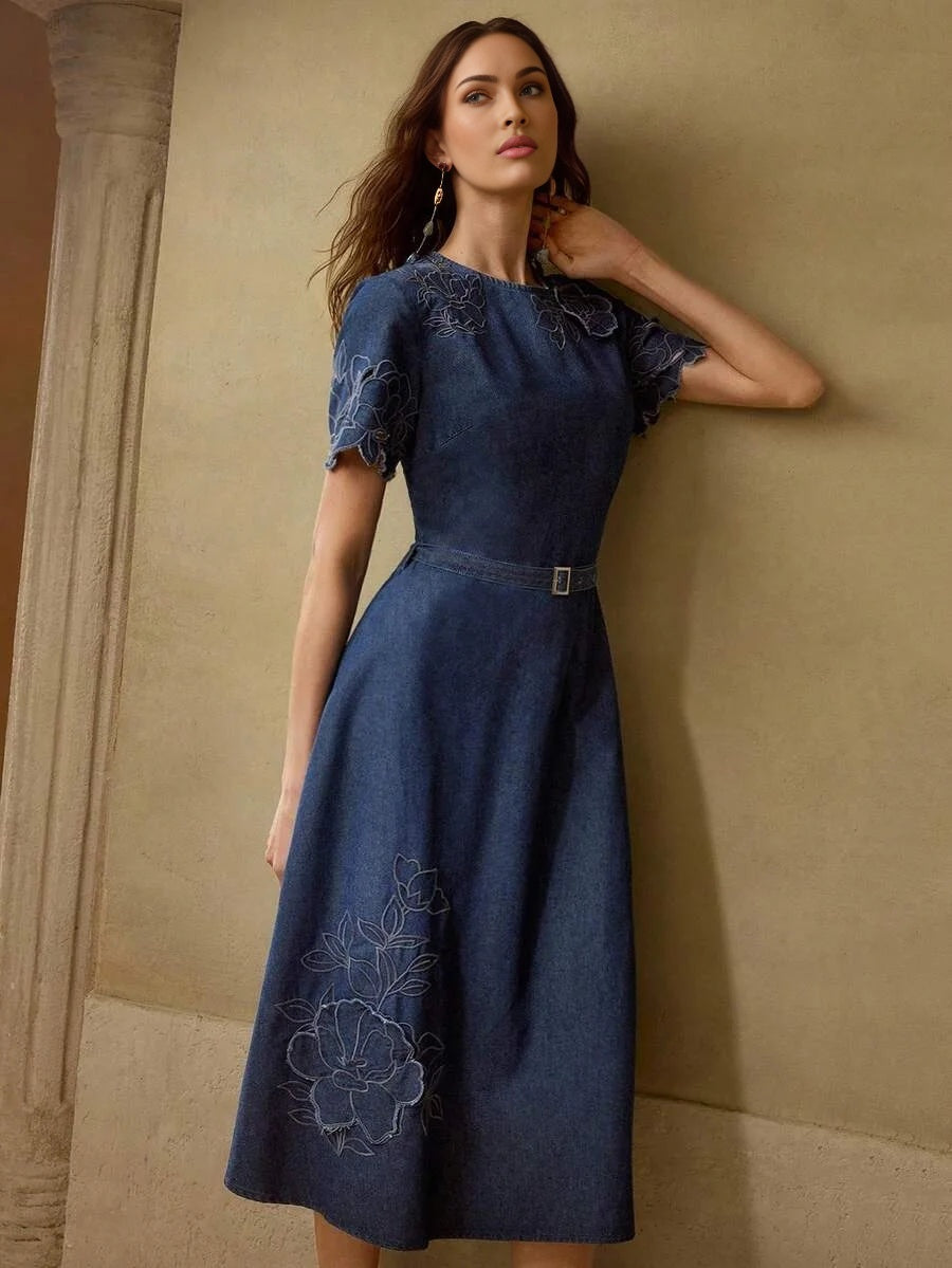 PREMIUM Womens Floral Embroidery Round Neck Short Sleeve Casual Denim Dress