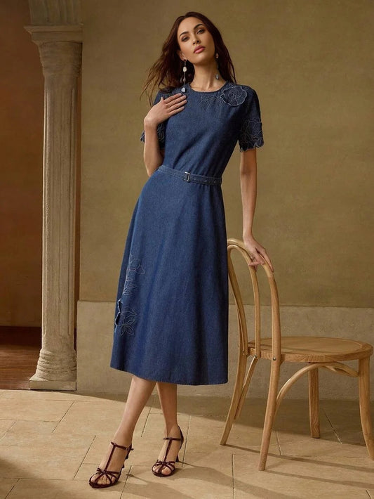 PREMIUM Womens Floral Embroidery Round Neck Short Sleeve Casual Denim Dress