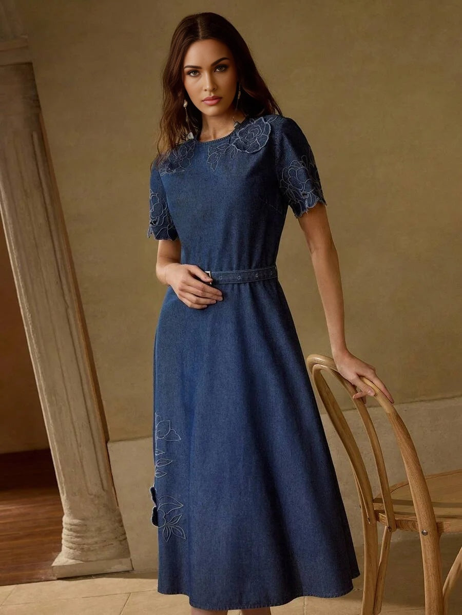 PREMIUM Womens Floral Embroidery Round Neck Short Sleeve Casual Denim Dress